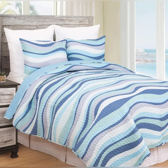 NWT C&F Home Sea Waves Blue Ocean Reversible Twin Quilt Set with One Sham - Picture 6 of 16